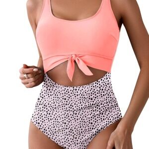 Eomenie Pink Tie Front Cutout Dalmatian Dot One Piece Swimsuit Large NEW